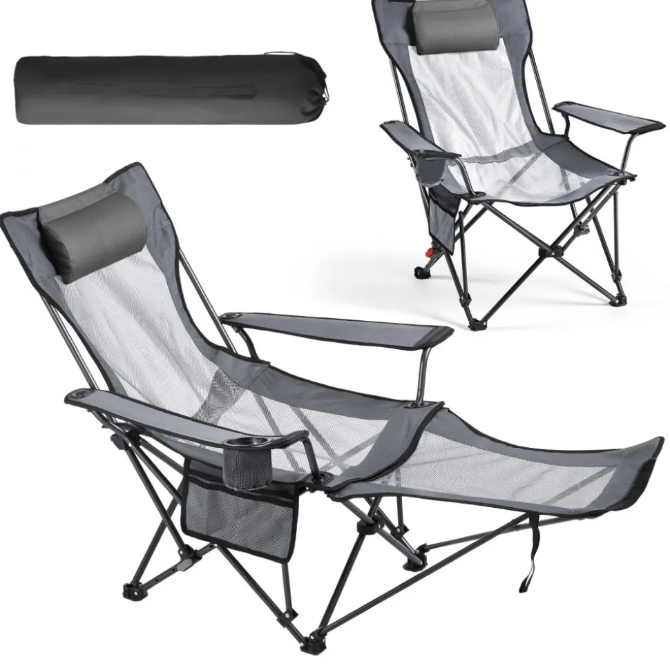 VEVOR Reclining Camping Chair, 4 Adjustable Positions, Portable Folding Lounger for Adults, Mesh Beach Chair with Headrest & Foot Rest, Supports 220 lbs, Heavy Duty Camp Chairs for Patio, Gray
