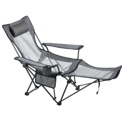 VEVOR Reclining Camping Chair, 4 Adjustable Positions, Portable Folding Lounger for Adults, Mesh Beach Chair with Headrest & Foot Rest, Supports 220 lbs, Heavy Duty Camp Chairs for Patio, Gray