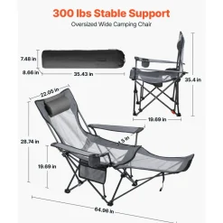 VEVOR Reclining Camping Chair, 4 Adjustable Positions, Portable Folding Lounger for Adults, Mesh Beach Chair with Headrest & Foot Rest, Supports 220 lbs, Heavy Duty Camp Chairs for Patio, Gray