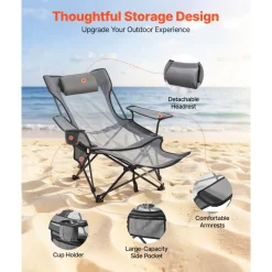 VEVOR Reclining Camping Chair, 4 Adjustable Positions, Portable Folding Lounger for Adults, Mesh Beach Chair with Headrest & Foot Rest, Supports 220 lbs, Heavy Duty Camp Chairs for Patio, Gray