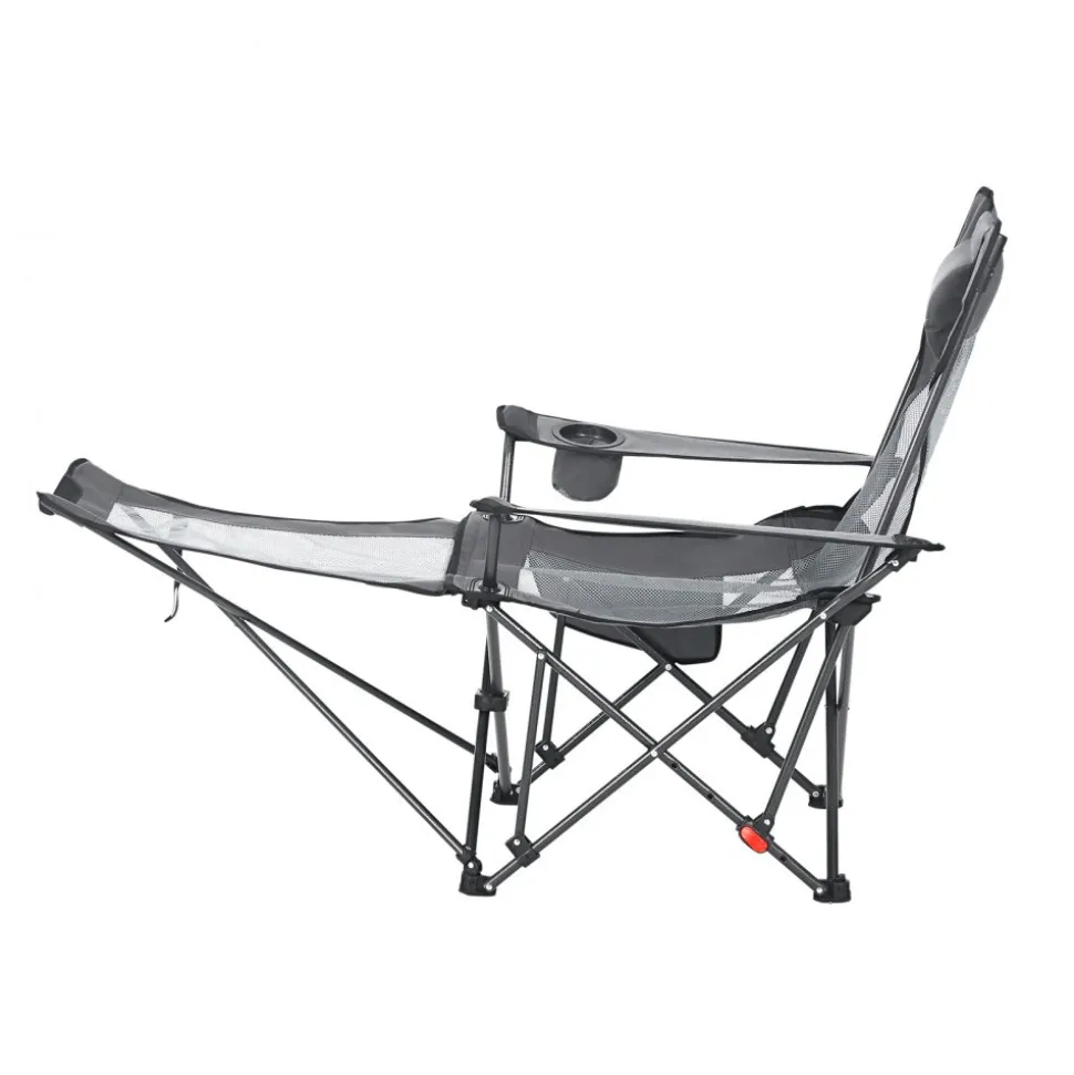 VEVOR Reclining Camping Chair, 4 Adjustable Positions, Portable Folding Lounger for Adults, Mesh Beach Chair with Headrest & Foot Rest, Supports 220 lbs, Heavy Duty Camp Chairs for Patio, Gray