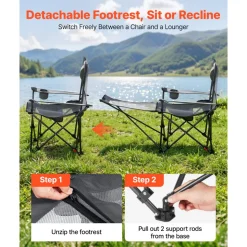 VEVOR Reclining Camping Chair, 4 Adjustable Positions, Portable Folding Lounger for Adults, Mesh Beach Chair with Headrest & Foot Rest, Supports 220 lbs, Heavy Duty Camp Chairs for Patio, Gray