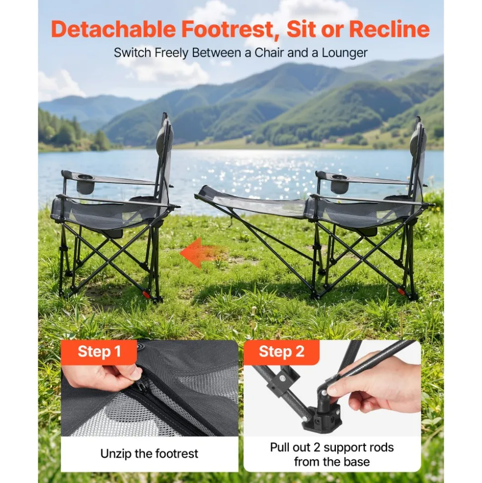 VEVOR Reclining Camping Chair, 4 Adjustable Positions, Portable Folding Lounger for Adults, Mesh Beach Chair with Headrest & Foot Rest, Supports 220 lbs, Heavy Duty Camp Chairs for Patio, Gray