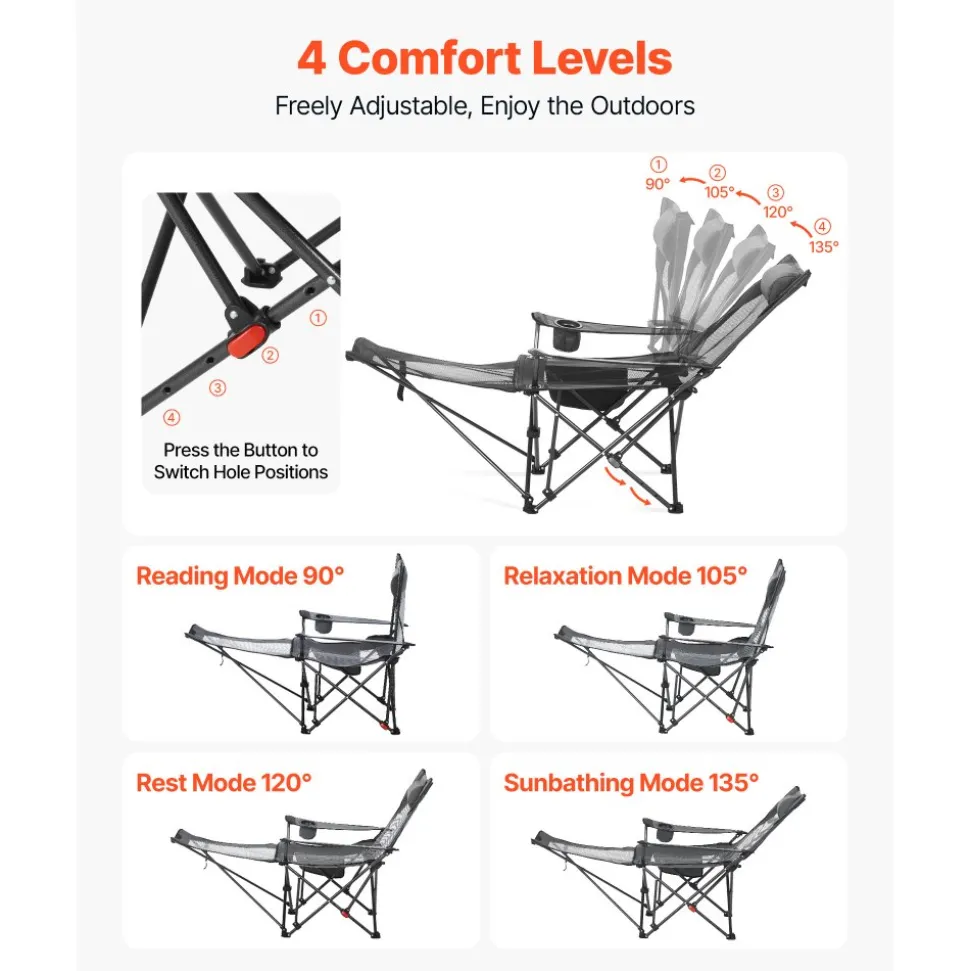 VEVOR Reclining Camping Chair, 4 Adjustable Positions, Portable Folding Lounger for Adults, Mesh Beach Chair with Headrest & Foot Rest, Supports 220 lbs, Heavy Duty Camp Chairs for Patio, Gray