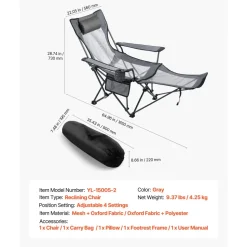VEVOR Reclining Camping Chair, 4 Adjustable Positions, Portable Folding Lounger for Adults, Mesh Beach Chair with Headrest & Foot Rest, Supports 220 lbs, Heavy Duty Camp Chairs for Patio, Gray
