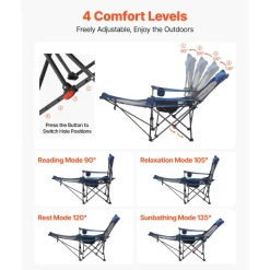 VEVOR Reclining Camping Chair, 4 Adjustable Positions, Portable Folding Lounger for Adults, Mesh Beach Chair with Headrest & Foot Rest, Supports 220 lbs, Heavy Duty Camp Chairs for Patio, Blue
