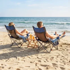 VEVOR Reclining Camping Chair, 4 Adjustable Positions, Portable Folding Lounger for Adults, Mesh Beach Chair with Headrest & Foot Rest, Supports 220 lbs, Heavy Duty Camp Chairs for Patio, Blue