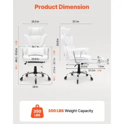 VEVOR Reclining Office Chair with Footrest, Heavy Duty PU Leather Wide Office Chair, Big and Tall Executive Office Chairs with Lumbar Support, Strong Metal Base Quiet Wheels, White
