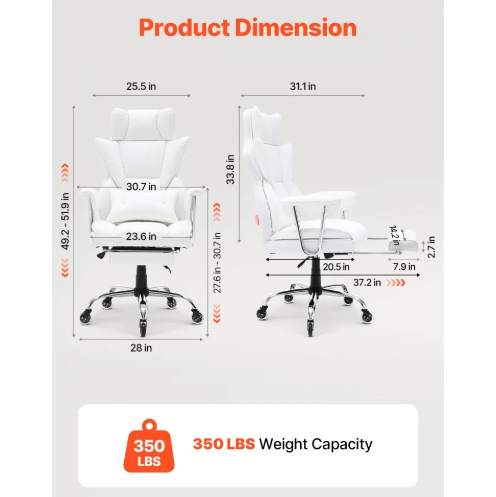 VEVOR Reclining Office Chair with Footrest, Heavy Duty PU Leather Wide Office Chair, Big and Tall Executive Office Chairs with Lumbar Support, Strong Metal Base Quiet Wheels, White