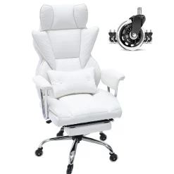 VEVOR Reclining Office Chair with Footrest, Heavy Duty PU Leather Wide Office Chair, Big and Tall Executive Office Chairs with Lumbar Support, Strong Metal Base Quiet Wheels, White