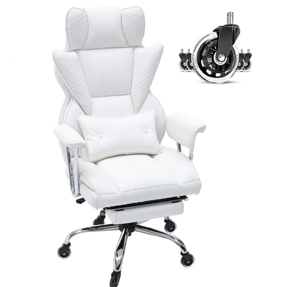 VEVOR Reclining Office Chair with Footrest, Heavy Duty PU Leather Wide Office Chair, Big and Tall Executive Office Chairs with Lumbar Support, Strong Metal Base Quiet Wheels, White