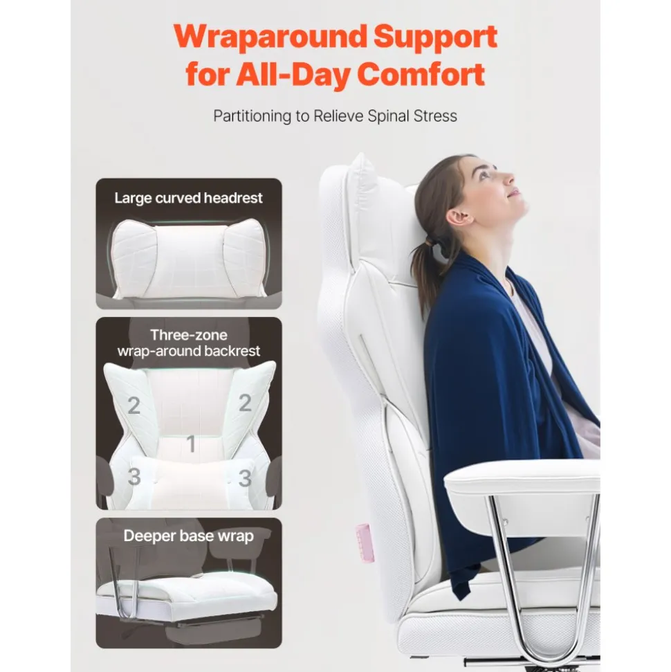 VEVOR Reclining Office Chair with Footrest, Heavy Duty PU Leather Wide Office Chair, Big and Tall Executive Office Chairs with Lumbar Support, Strong Metal Base Quiet Wheels, White