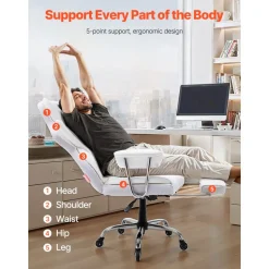 VEVOR Reclining Office Chair with Footrest, Heavy Duty PU Leather Wide Office Chair, Big and Tall Executive Office Chairs with Lumbar Support, Strong Metal Base Quiet Wheels, White