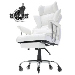 VEVOR Reclining Office Chair with Footrest, Heavy Duty PU Leather Wide Office Chair, Big and Tall Executive Office Chairs with Lumbar Support, Strong Metal Base Quiet Wheels, White