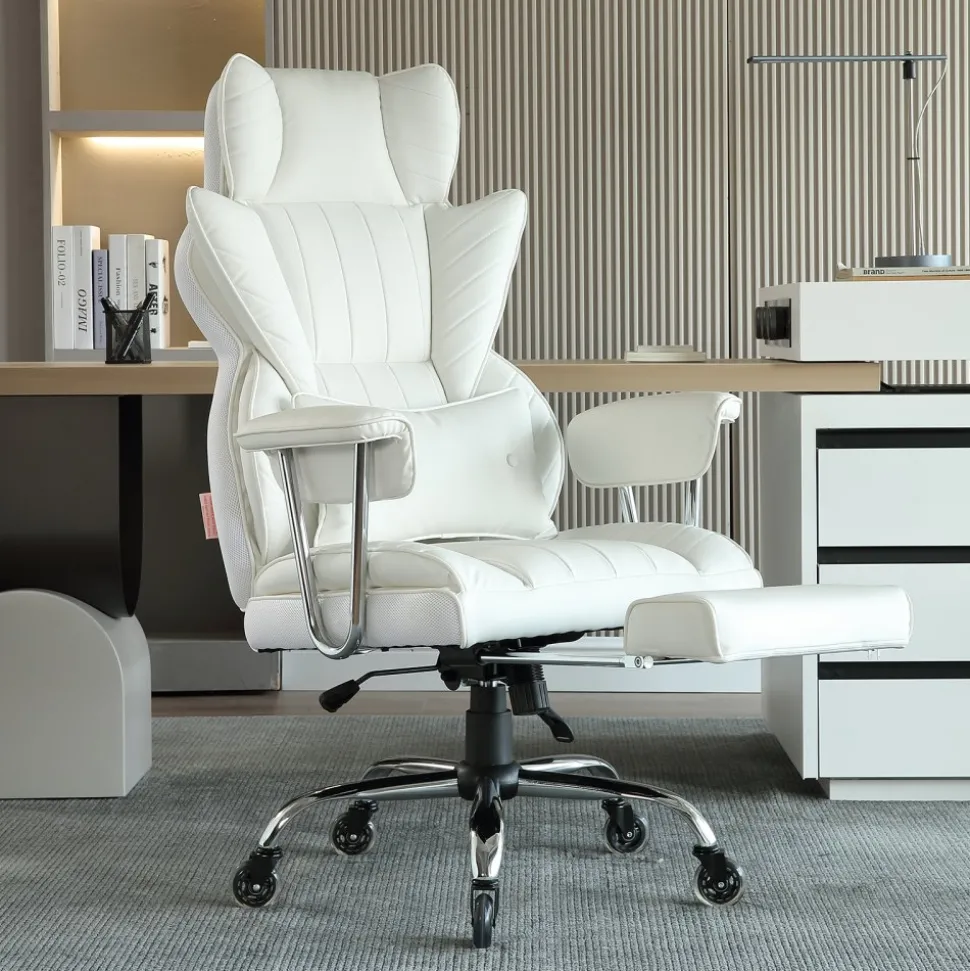 VEVOR Reclining Office Chair with Footrest, Heavy Duty PU Leather Wide Office Chair, Big and Tall Executive Office Chairs with Lumbar Support, Strong Metal Base Quiet Wheels, White