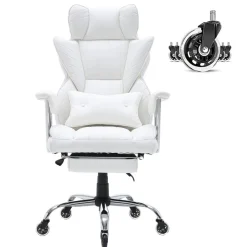 VEVOR Reclining Office Chair with Footrest, Heavy Duty PU Leather Wide Office Chair, Big and Tall Executive Office Chairs with Lumbar Support, Strong Metal Base Quiet Wheels, White