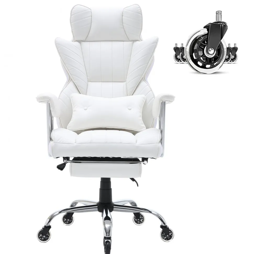 VEVOR Reclining Office Chair with Footrest, Heavy Duty PU Leather Wide Office Chair, Big and Tall Executive Office Chairs with Lumbar Support, Strong Metal Base Quiet Wheels, White