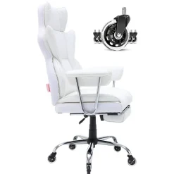 VEVOR Reclining Office Chair with Footrest, Heavy Duty PU Leather Wide Office Chair, Big and Tall Executive Office Chairs with Lumbar Support, Strong Metal Base Quiet Wheels, White