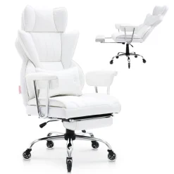 VEVOR Reclining Office Chair with Footrest, Heavy Duty PU Leather Wide Office Chair, Big and Tall Executive Office Chairs with Lumbar Support, Strong Metal Base Quiet Wheels, White