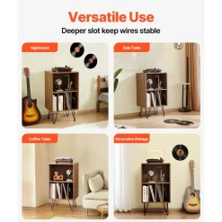 VEVOR Record Player Stand, 3 Tiers Turntable Stand with Record Storage, Vinyl Record Storage Cabinet with Metal Legs for Bedroom, Living Room, Brown