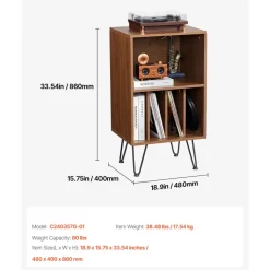 VEVOR Record Player Stand, 3 Tiers Turntable Stand with Record Storage, Vinyl Record Storage Cabinet with Metal Legs for Bedroom, Living Room, Brown