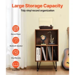 VEVOR Record Player Stand, 3 Tiers Turntable Stand with Record Storage, Vinyl Record Storage Cabinet with Metal Legs for Bedroom, Living Room, Brown