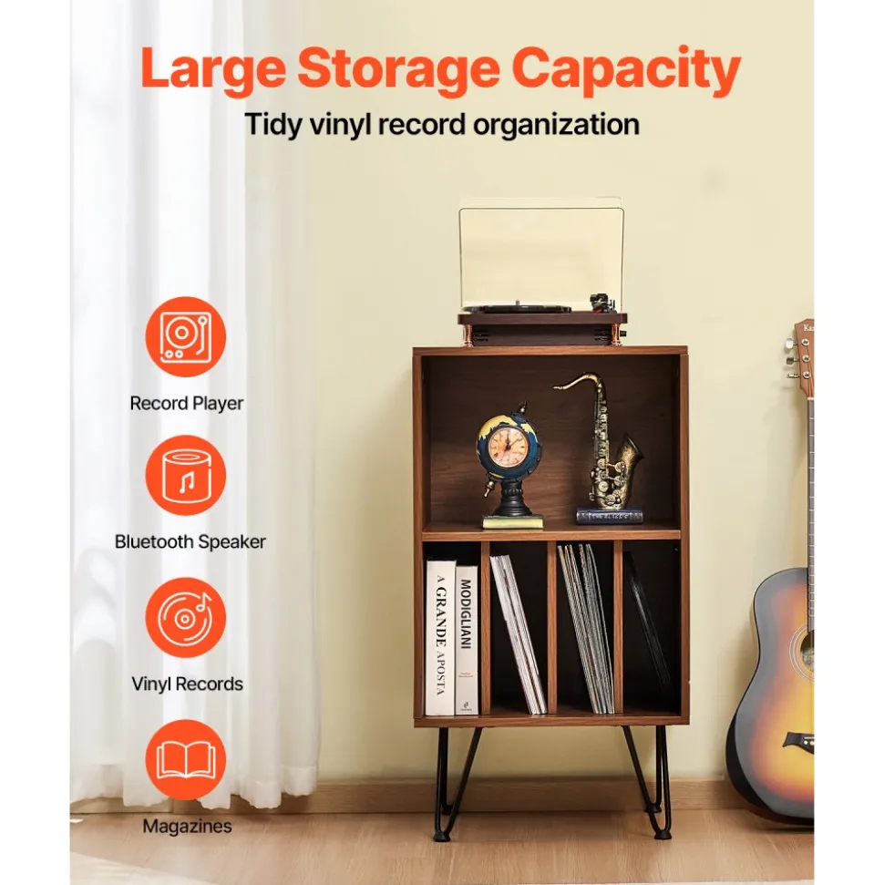 VEVOR Record Player Stand, 3 Tiers Turntable Stand with Record Storage, Vinyl Record Storage Cabinet with Metal Legs for Bedroom, Living Room, Brown