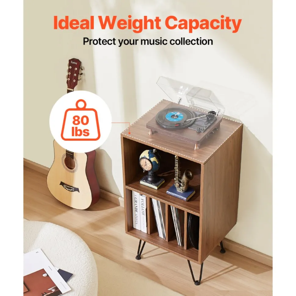 VEVOR Record Player Stand, 3 Tiers Turntable Stand with Record Storage, Vinyl Record Storage Cabinet with Metal Legs for Bedroom, Living Room, Brown