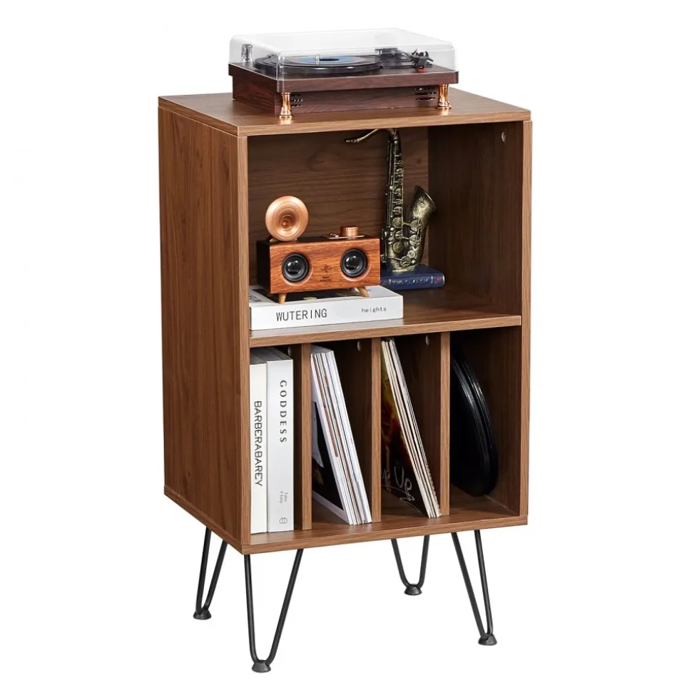 VEVOR Record Player Stand, 3 Tiers Turntable Stand with Record Storage, Vinyl Record Storage Cabinet with Metal Legs for Bedroom, Living Room, Brown