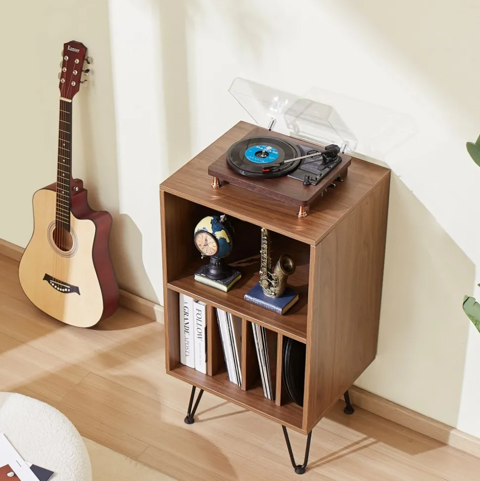 VEVOR Record Player Stand, 3 Tiers Turntable Stand with Record Storage, Vinyl Record Storage Cabinet with Metal Legs for Bedroom, Living Room, Brown