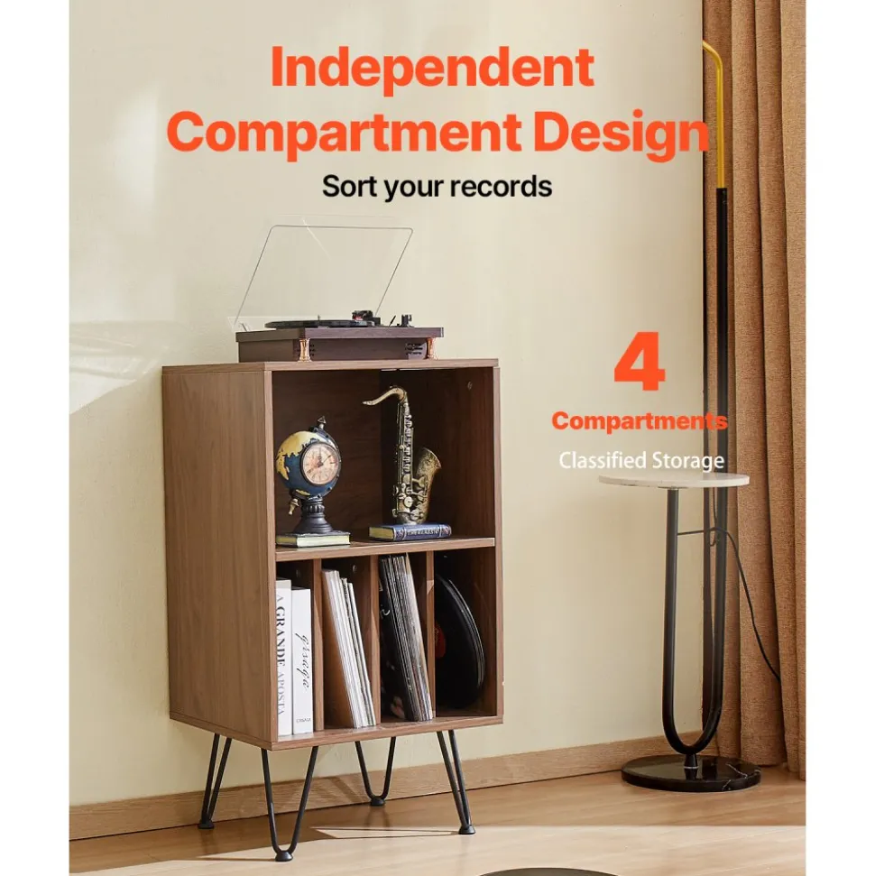 VEVOR Record Player Stand, 3 Tiers Turntable Stand with Record Storage, Vinyl Record Storage Cabinet with Metal Legs for Bedroom, Living Room, Brown