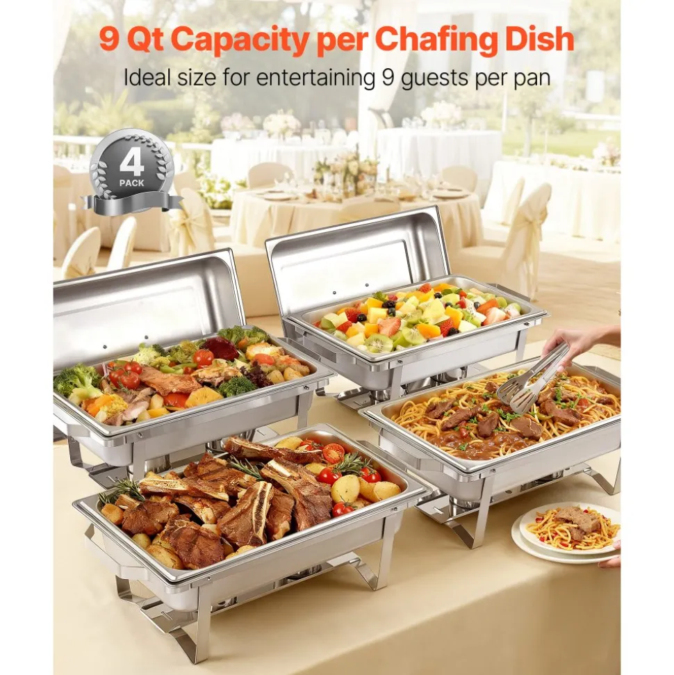 VEVOR Rectangle Chafing Dish, 9 Qt 4 Pack Stainless Steel Chafing Dish, Food Warmer Chafer Complete Set with Hollow Handle, 2 Food Tongs, Lid, Fuel Holder, Chafer Dishes for Banquet Party Wedding