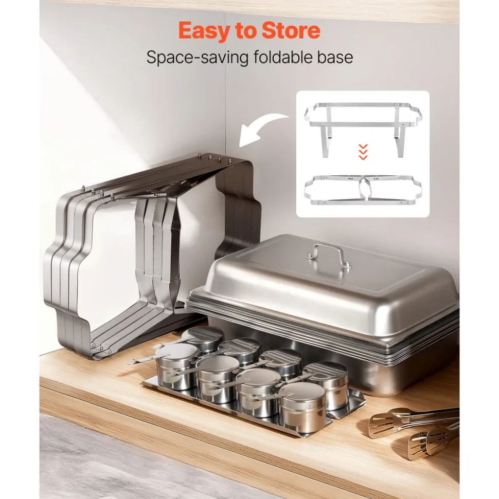 VEVOR Rectangle Chafing Dish, 9 Qt 4 Pack Stainless Steel Chafing Dish, Food Warmer Chafer Complete Set with Hollow Handle, 2 Food Tongs, Lid, Fuel Holder, Chafer Dishes for Banquet Party Wedding