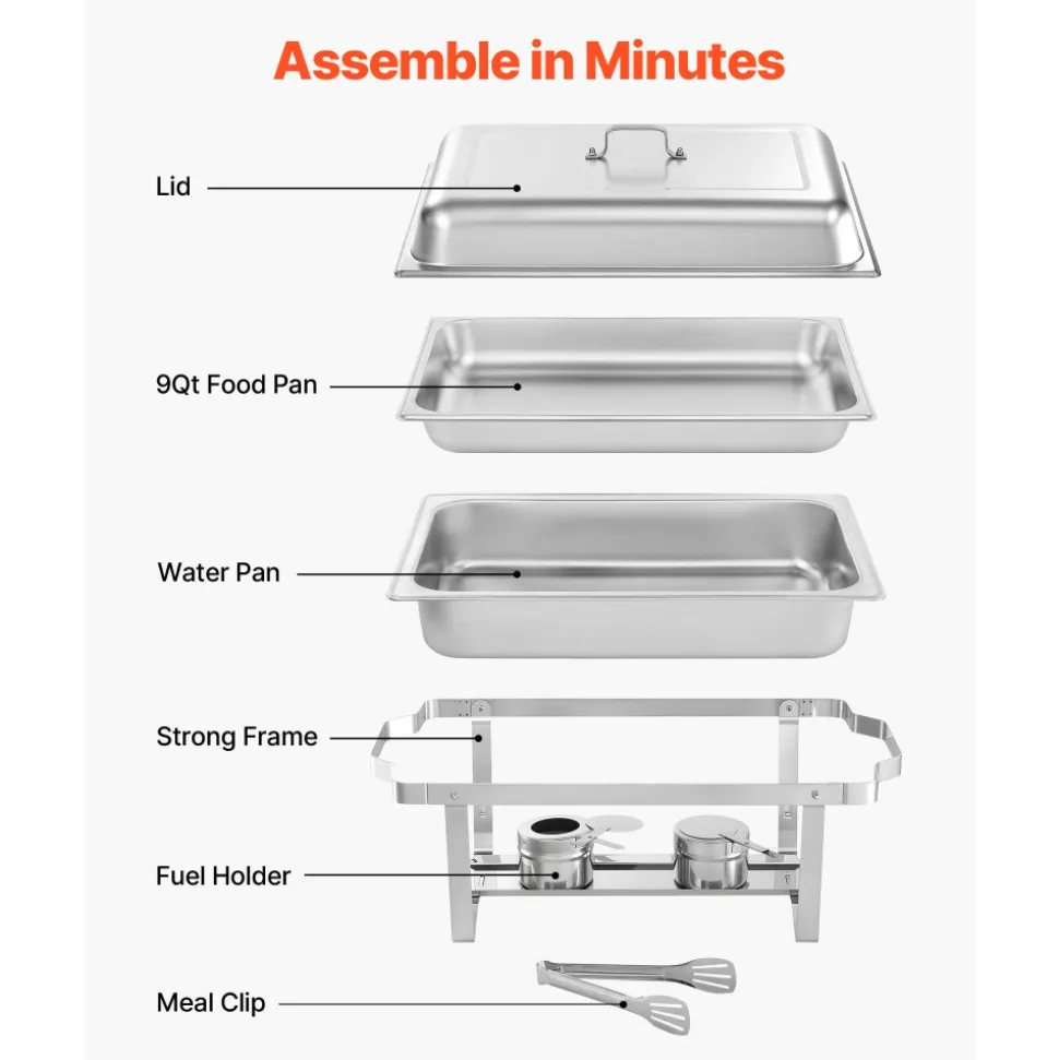 VEVOR Rectangle Chafing Dish, 9 Qt 4 Pack Stainless Steel Chafing Dish, Food Warmer Chafer Complete Set with Hollow Handle, 2 Food Tongs, Lid, Fuel Holder, Chafer Dishes for Banquet Party Wedding