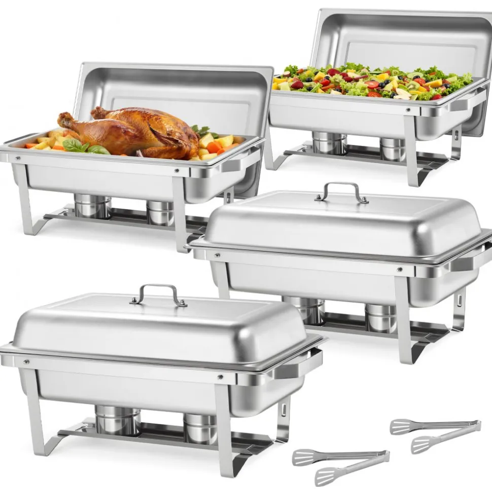 VEVOR Rectangle Chafing Dish, 9 Qt 4 Pack Stainless Steel Chafing Dish, Food Warmer Chafer Complete Set with Hollow Handle, 2 Food Tongs, Lid, Fuel Holder, Chafer Dishes for Banquet Party Wedding