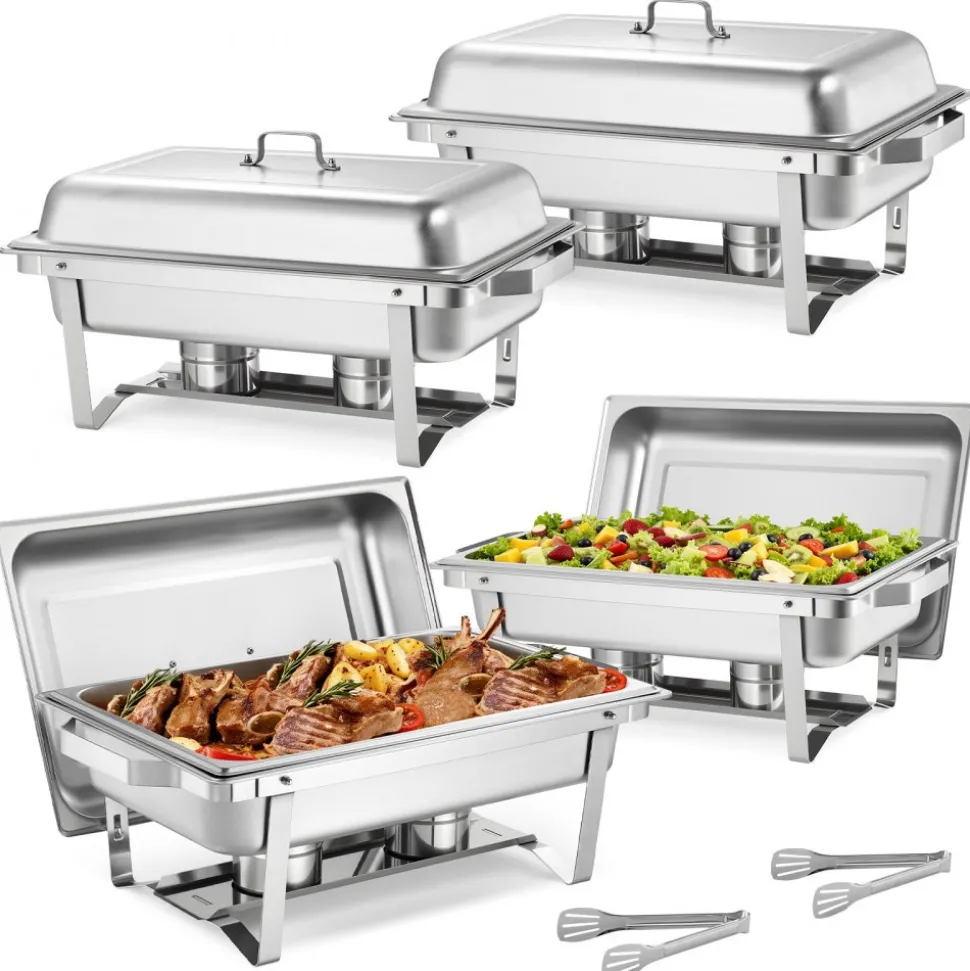 VEVOR Rectangle Chafing Dish, 9 Qt 4 Pack Stainless Steel Chafing Dish, Food Warmer Chafer Complete Set with Hollow Handle, 2 Food Tongs, Lid, Fuel Holder, Chafer Dishes for Banquet Party Wedding
