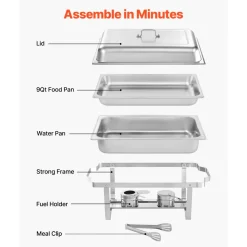VEVOR Rectangle Chafing Dish, 9 Qt 6 Pack Stainless Steel Chafing Dish, Food Warmer Chafer Complete Set with Hollow Handle, 3 Food Tongs, Lid, Fuel Holder, Chafer Dishes for Banquet Party Wedding