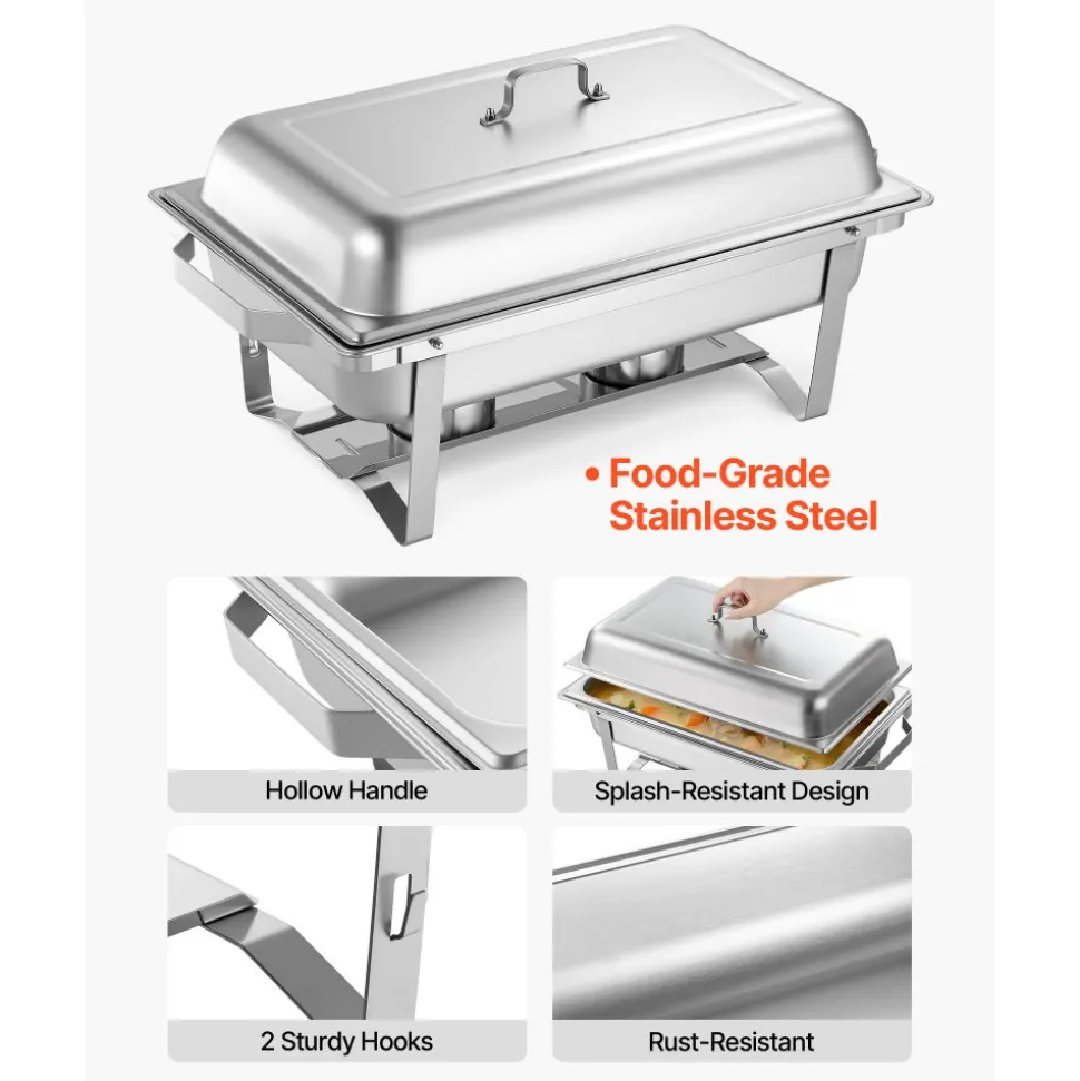 VEVOR Rectangle Chafing Dish, 9 Qt 6 Pack Stainless Steel Chafing Dish, Food Warmer Chafer Complete Set with Hollow Handle, 3 Food Tongs, Lid, Fuel Holder, Chafer Dishes for Banquet Party Wedding