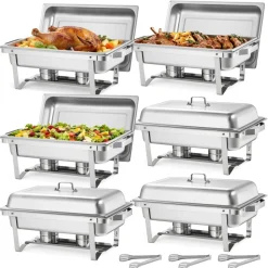 VEVOR Rectangle Chafing Dish, 9 Qt 6 Pack Stainless Steel Chafing Dish, Food Warmer Chafer Complete Set with Hollow Handle, 3 Food Tongs, Lid, Fuel Holder, Chafer Dishes for Banquet Party Wedding