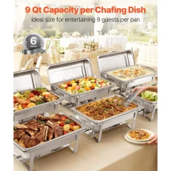 VEVOR Rectangle Chafing Dish, 9 Qt 6 Pack Stainless Steel Chafing Dish, Food Warmer Chafer Complete Set with Hollow Handle, 3 Food Tongs, Lid, Fuel Holder, Chafer Dishes for Banquet Party Wedding