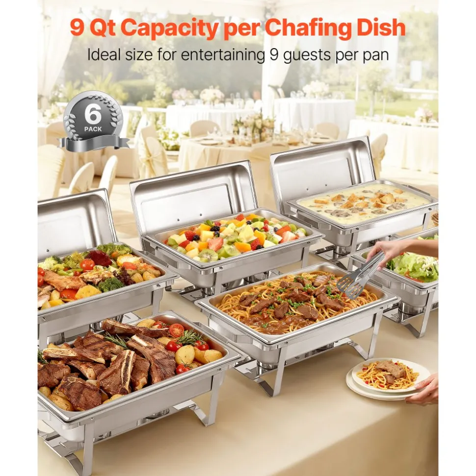 VEVOR Rectangle Chafing Dish, 9 Qt 6 Pack Stainless Steel Chafing Dish, Food Warmer Chafer Complete Set with Hollow Handle, 3 Food Tongs, Lid, Fuel Holder, Chafer Dishes for Banquet Party Wedding