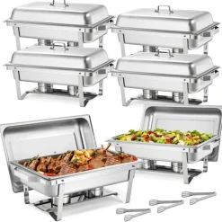 VEVOR Rectangle Chafing Dish, 9 Qt 6 Pack Stainless Steel Chafing Dish, Food Warmer Chafer Complete Set with Hollow Handle, 3 Food Tongs, Lid, Fuel Holder, Chafer Dishes for Banquet Party Wedding