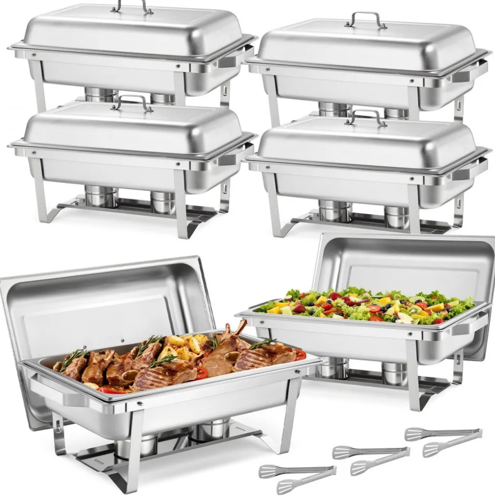 VEVOR Rectangle Chafing Dish, 9 Qt 6 Pack Stainless Steel Chafing Dish, Food Warmer Chafer Complete Set with Hollow Handle, 3 Food Tongs, Lid, Fuel Holder, Chafer Dishes for Banquet Party Wedding