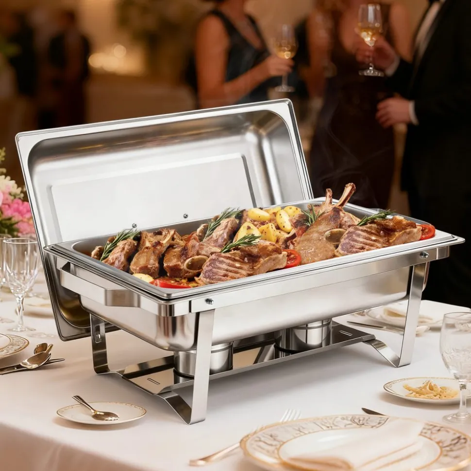 VEVOR Rectangle Chafing Dish, 9 Qt 6 Pack Stainless Steel Chafing Dish, Food Warmer Chafer Complete Set with Hollow Handle, 3 Food Tongs, Lid, Fuel Holder, Chafer Dishes for Banquet Party Wedding
