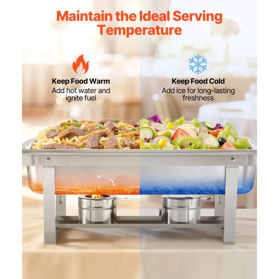 VEVOR Rectangle Chafing Dish, 9 Qt 6 Pack Stainless Steel Chafing Dish, Food Warmer Chafer Complete Set with Hollow Handle, 3 Food Tongs, Lid, Fuel Holder, Chafer Dishes for Banquet Party Wedding