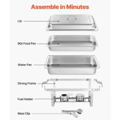 VEVOR Rectangle Chafing Dish, 9 Qt 2 Pack Stainless Steel Chafing Dish, Food Warmer Chafer Complete Set with Hollow Handle, 1 Food Tongs, Lid, Fuel Holder, Chafer Dishes for Banquet Party Wedding