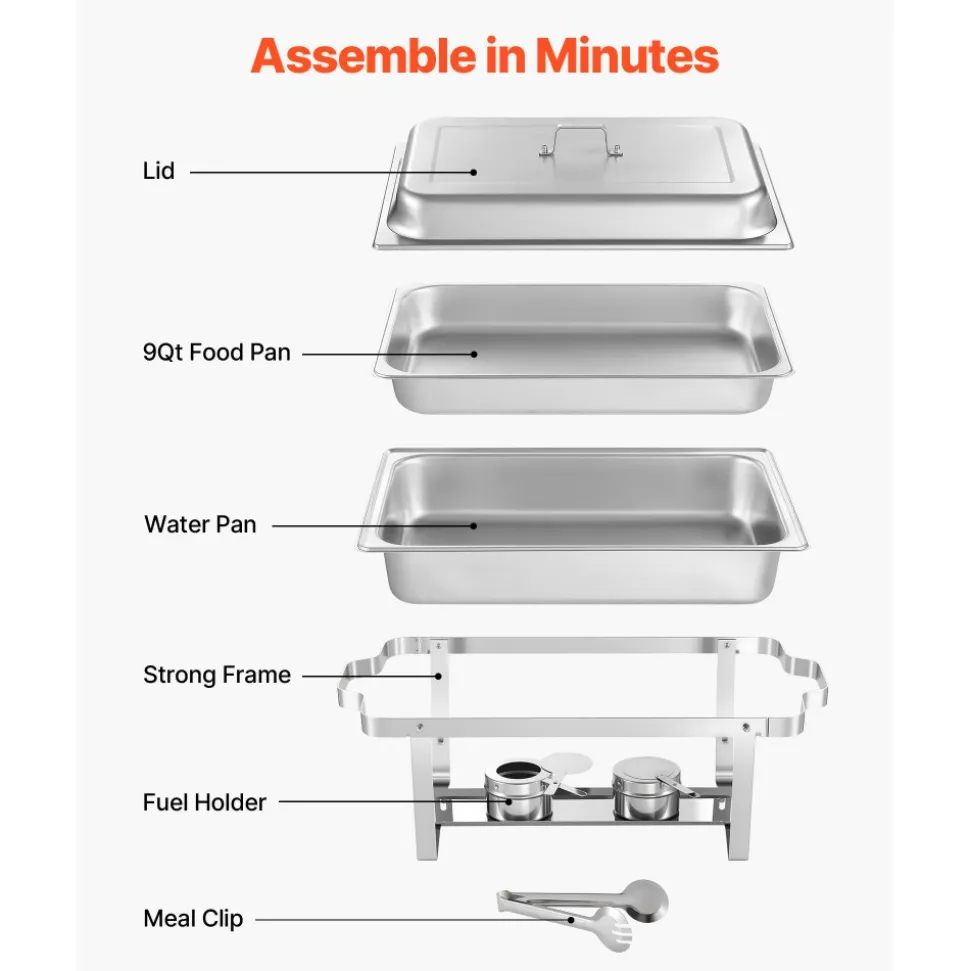VEVOR Rectangle Chafing Dish, 9 Qt 2 Pack Stainless Steel Chafing Dish, Food Warmer Chafer Complete Set with Hollow Handle, 1 Food Tongs, Lid, Fuel Holder, Chafer Dishes for Banquet Party Wedding