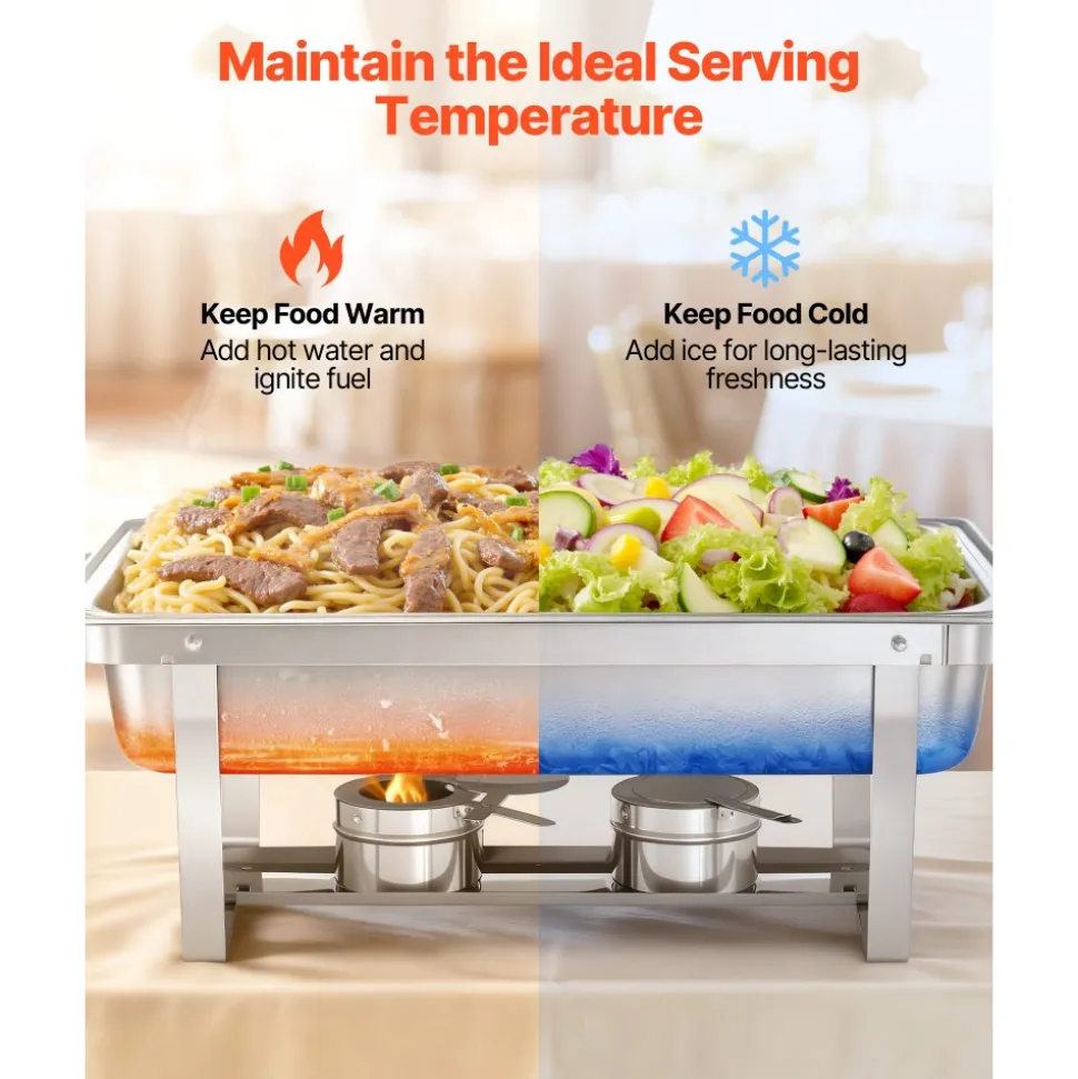 VEVOR Rectangle Chafing Dish, 9 Qt 2 Pack Stainless Steel Chafing Dish, Food Warmer Chafer Complete Set with Hollow Handle, 1 Food Tongs, Lid, Fuel Holder, Chafer Dishes for Banquet Party Wedding