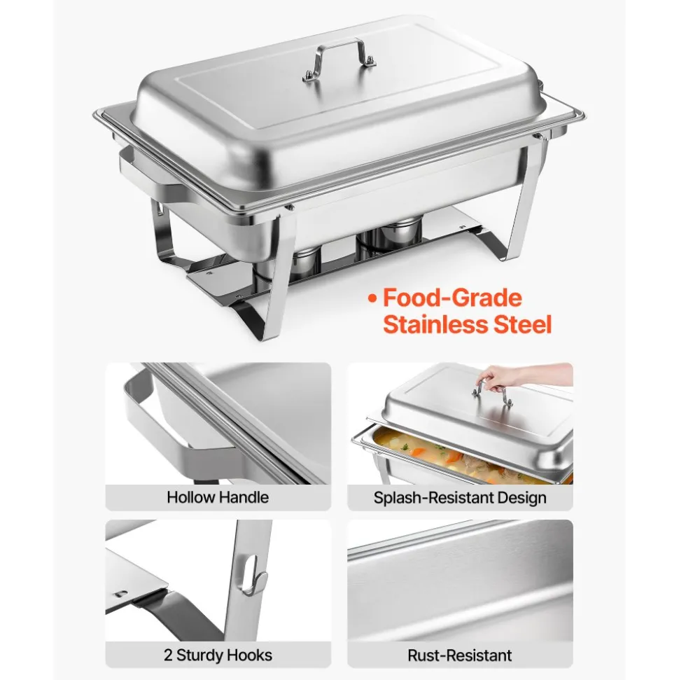 VEVOR Rectangle Chafing Dish, 9 Qt 2 Pack Stainless Steel Chafing Dish, Food Warmer Chafer Complete Set with Hollow Handle, 1 Food Tongs, Lid, Fuel Holder, Chafer Dishes for Banquet Party Wedding