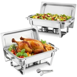 VEVOR Rectangle Chafing Dish, 9 Qt 2 Pack Stainless Steel Chafing Dish, Food Warmer Chafer Complete Set with Hollow Handle, 1 Food Tongs, Lid, Fuel Holder, Chafer Dishes for Banquet Party Wedding
